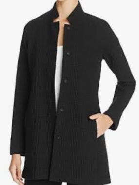 Black Eileen Fisher Waffle Weave Snap Front Long Jacket